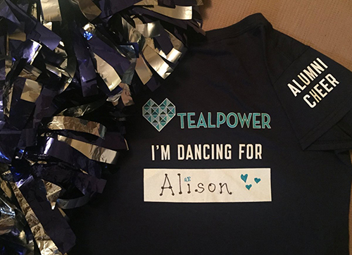 Custom t-shirt printed to raise money for cervical cancer where Argos cheerleaders represent a name their dancing for.