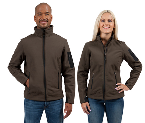 Eddie Bauer brown custom jackets in soft shells worn by a male and female.