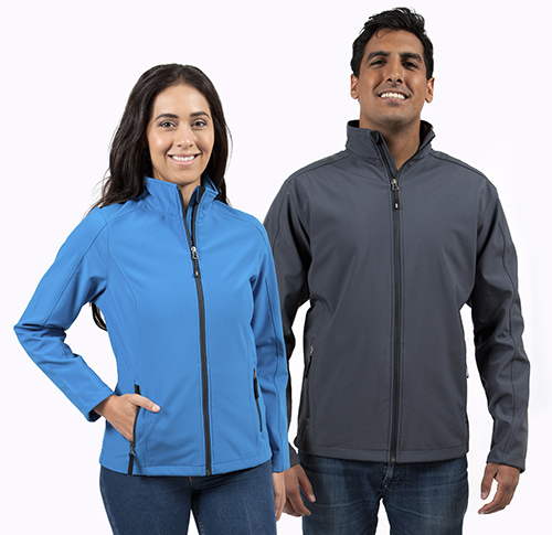 Soft shell custom jacket worn by male and female in the colour blue and grey.