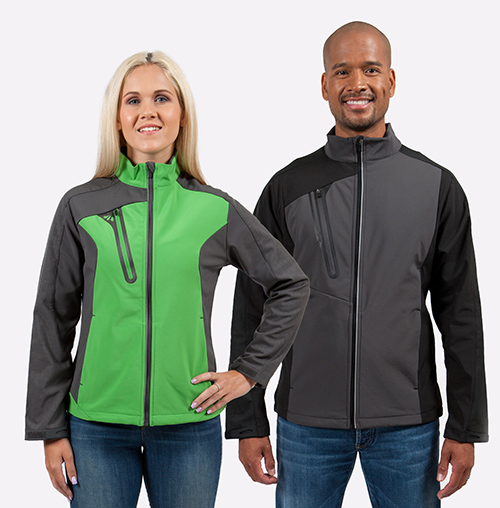 Male and female wearing colour block soft shell custom jackets in green and grey.