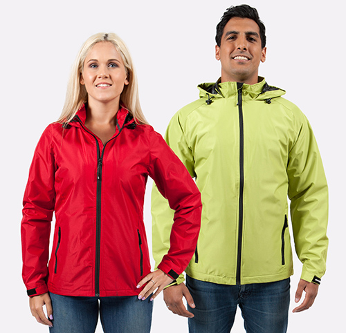 Mesh lining Coal Harbour custom jackets in red and lime green worn by a male and a female.