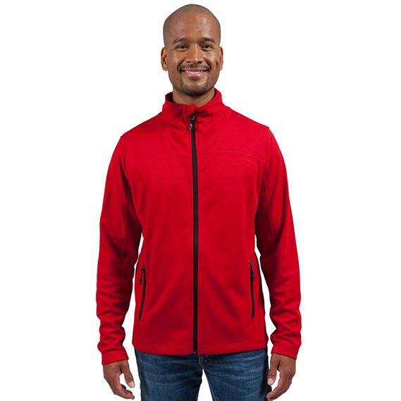 North End's fleece custom jacket worn by a model in the colour red.