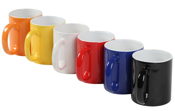 Vibrant colour choices for custom mugs as promotional products.