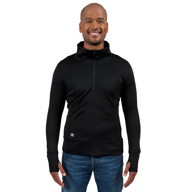 OGIO's full-zip custom jacket in the colour black with thumbholes for added comfort.