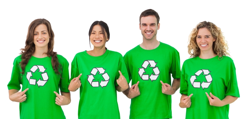 People wearing a green recycled tshirt.