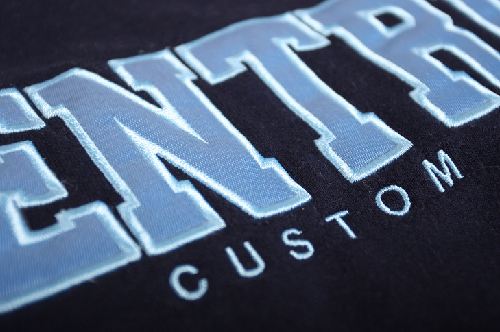 Entripy Custom Clothing logo displayed on a custom sweatshirt with twill decoration.