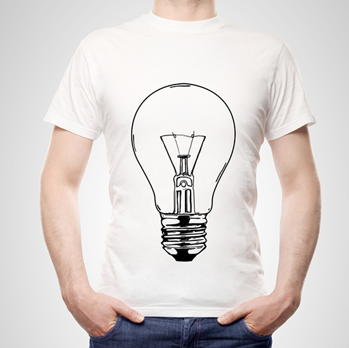 White custom t-shirt with a lightbulb screen-printed on it.