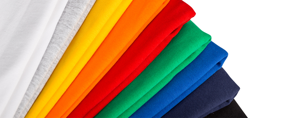 Cotton material displayed in various colours for custom t-shirt printing.