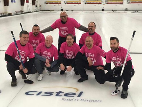 Participants in a Curling for a Cause event wearing pink custom printed t-shirts.