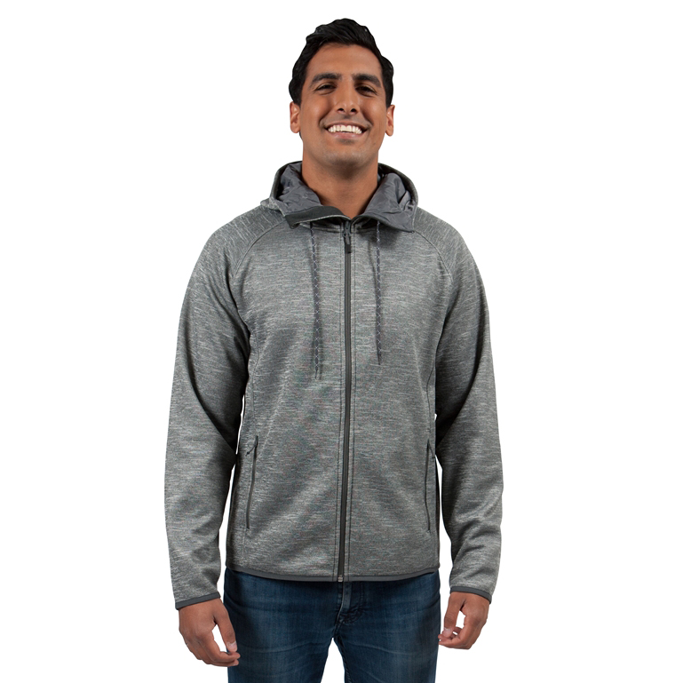 Hooded, full-zip custom jacket; model wearing heather grey colour with drawstrings.