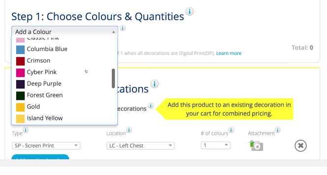 Screenshot of entripy.com order process of users choosing the colour for their custom apparel orders.