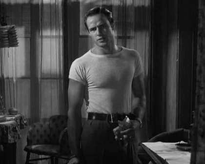 Hollywood star Marlon Brando wearing white t-shirt in a 1951 movie.