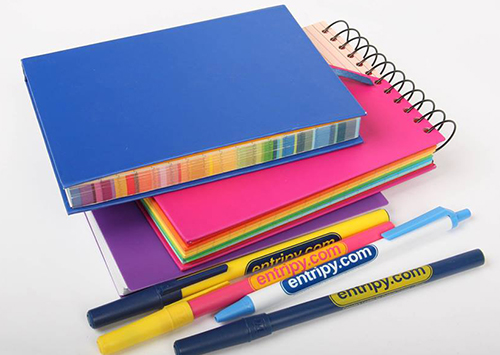 Custom notebooks and custom pens to be used for promotional products as giveaways to clients, customers or employees.