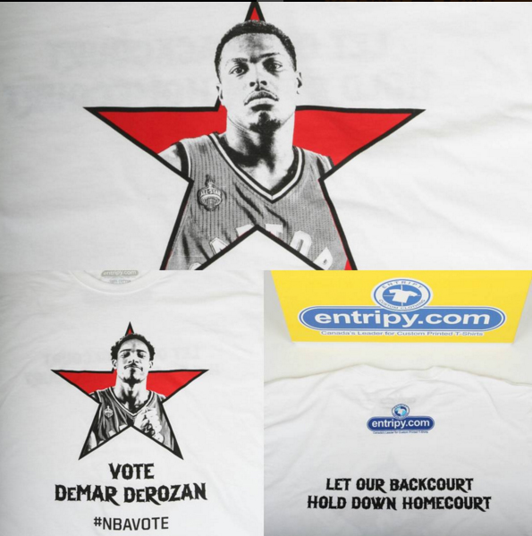 Custom printed t-shirt displaying Toronto Raptors asking to be voted to participate in the All-Star basketball game.