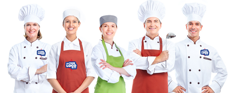 Custom aprons, chef hats and personalized chef coats ready to be customized with your logo or design.