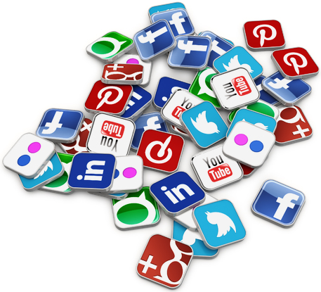 Social media icons in a pile from Twitter, Facebook, Instagram, YouTube to Pinterest.