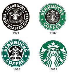 Different versions of Starbucks logos that changed over the years.