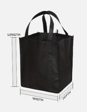 Black jumbo custom tote bag with measurements of length and width.