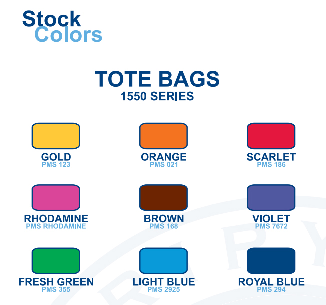 Various stock colours displayed to choose from for custom printed tote bags.