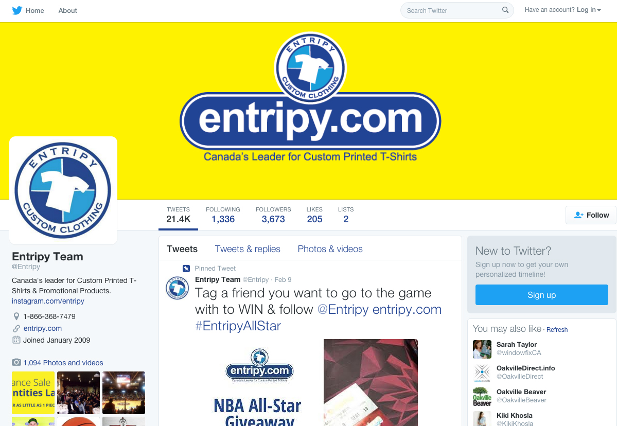 Entripy's social media page to send custom t-shirt updates to all Twitter, Facebook and Instagram followers.