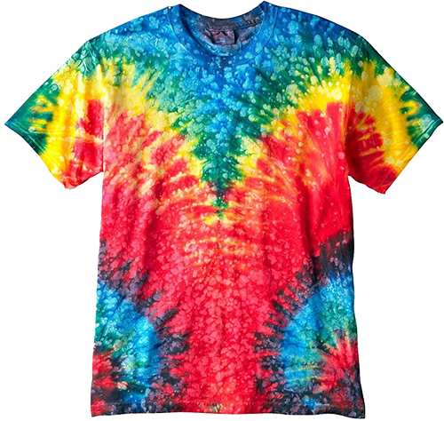 Colourful tie dye custom t-shirt offered to be screen printed with custom designs and logo.